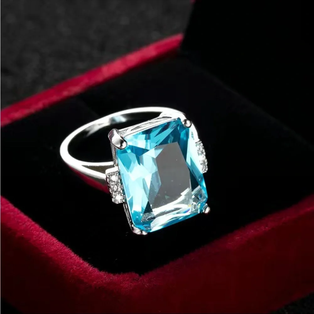 New Women’s 925 Silver Square Aquamarine Ring - Picture 6 of 8